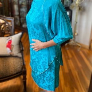 CAROL PERETZ Turquoise Silk Jacquard 2pc Special Occasion Dress